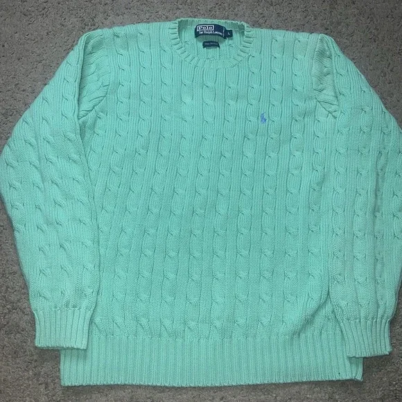 VINTAGE POLO RALPH LAUREN TURQUOISE COTTON CABLE KNIT SWEATER WOMENS sz Large - Picture 3 of 6